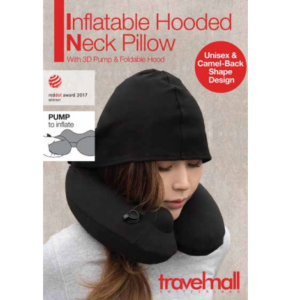 Travelmall World's First 3D Inflatable Neck Pillow with Patented Pump and Foldable Hood, Black Color
