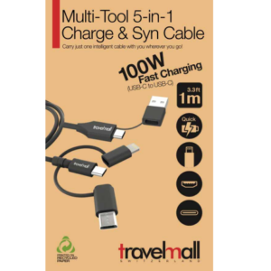 Travelmall  5-in-1 Lightning, Micro-USB and  USB-C intelligent cable, Black color